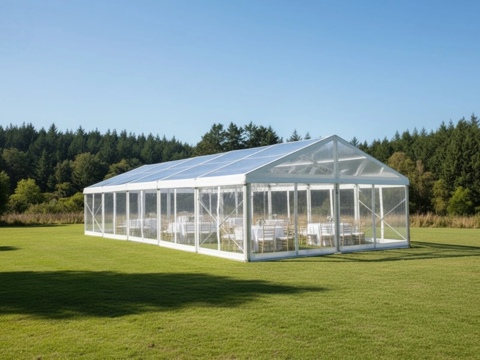 Structured marquee hire Sydney set up for a wedding or corporate event showing full aluminium frame structure and interior